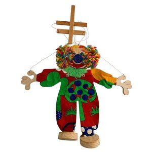 Vintage 1980 Calico Zoo Clown Marionette Puppet Wooden Feet Fabric Outfit